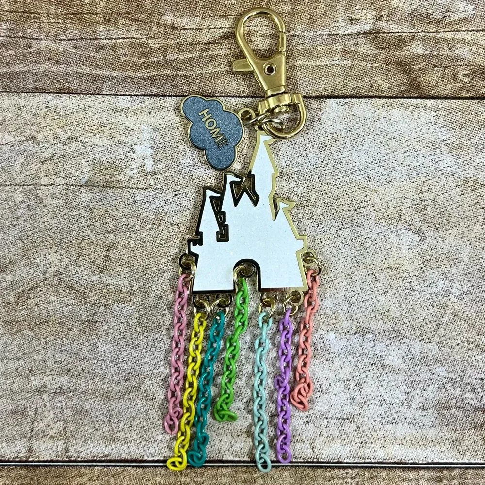 Disney Parks Home Castle Keychain White Enamel Rainbow‎ Dangle Chains Gold Tone